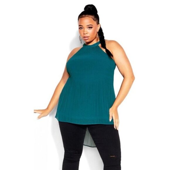 City Chic NEW Womens Blue Pleated Hi-Low Tank Halter Top Shirt Tunic Small (16) - Picture 2 of 12